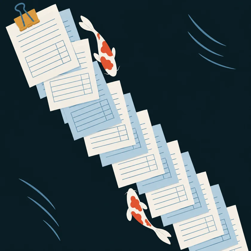 An illustration of a long fanned column of paper statements held at the top by a bulldog clip, with a koi swimming among them.
