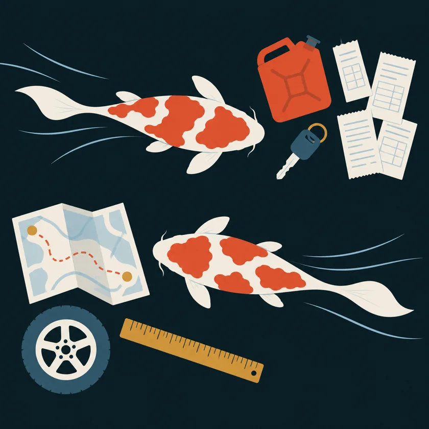 An illustration of a fuel can, a car key and paper receipts on one side, and a folded road map, a wheel and a ruler on the other, with a koi swimming among them.