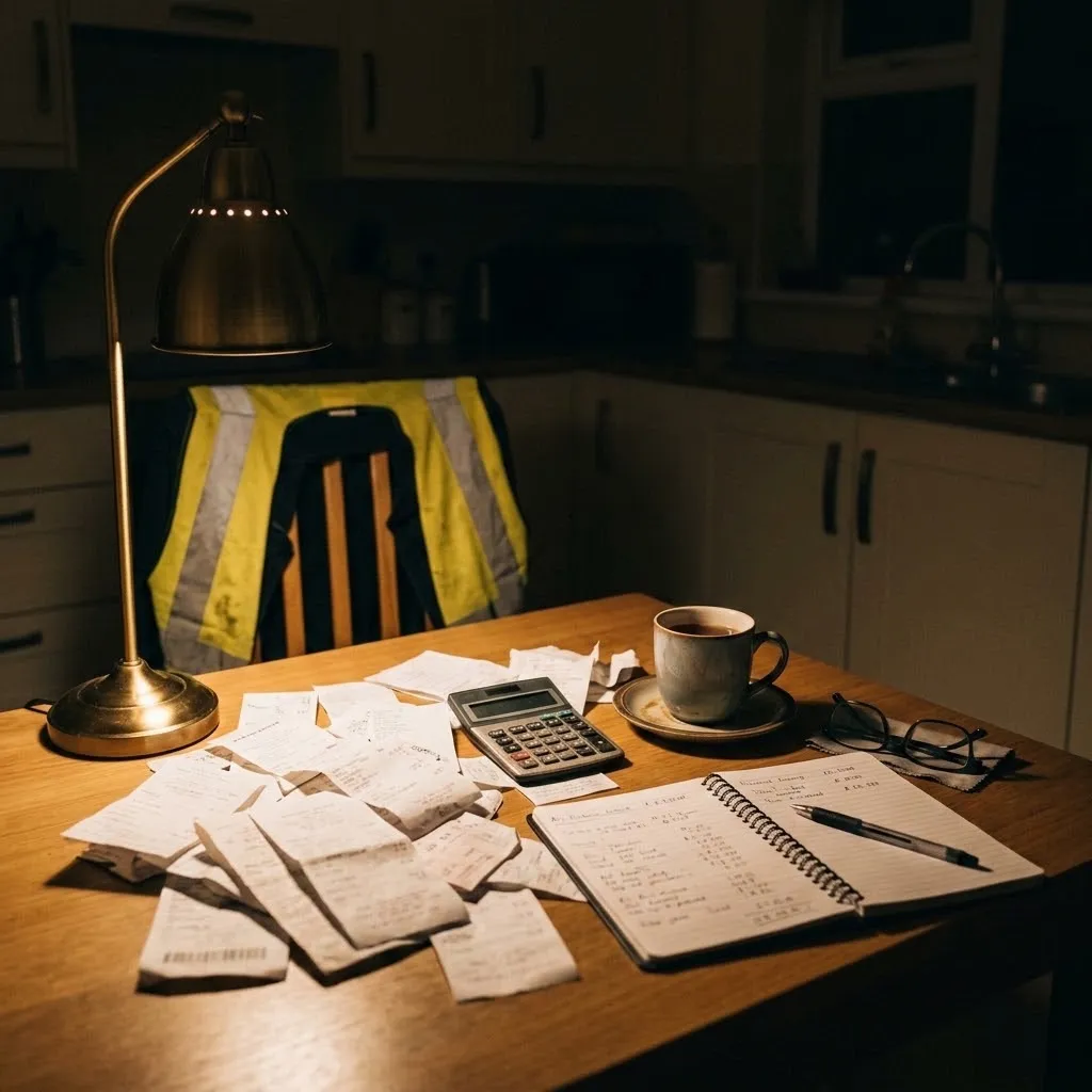 A kitchen table late at night covered in receipts, with a calculator, a notebook and a cold mug of tea under one lamp