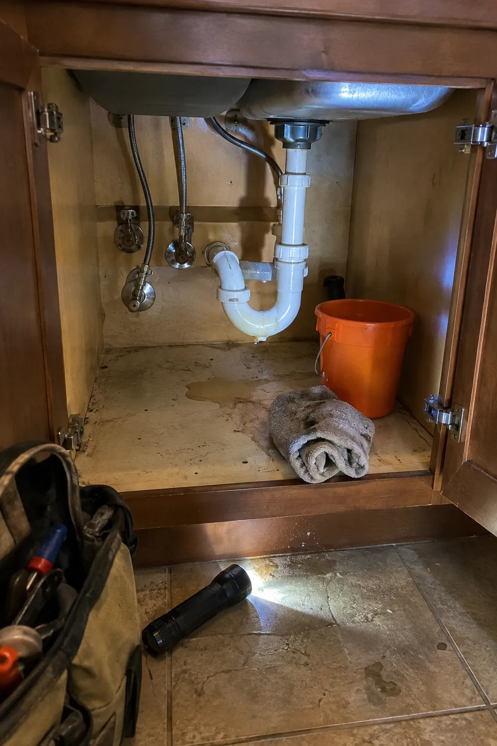 Under a kitchen sink halfway through a repair, with a bucket, a towel and tools on the floor