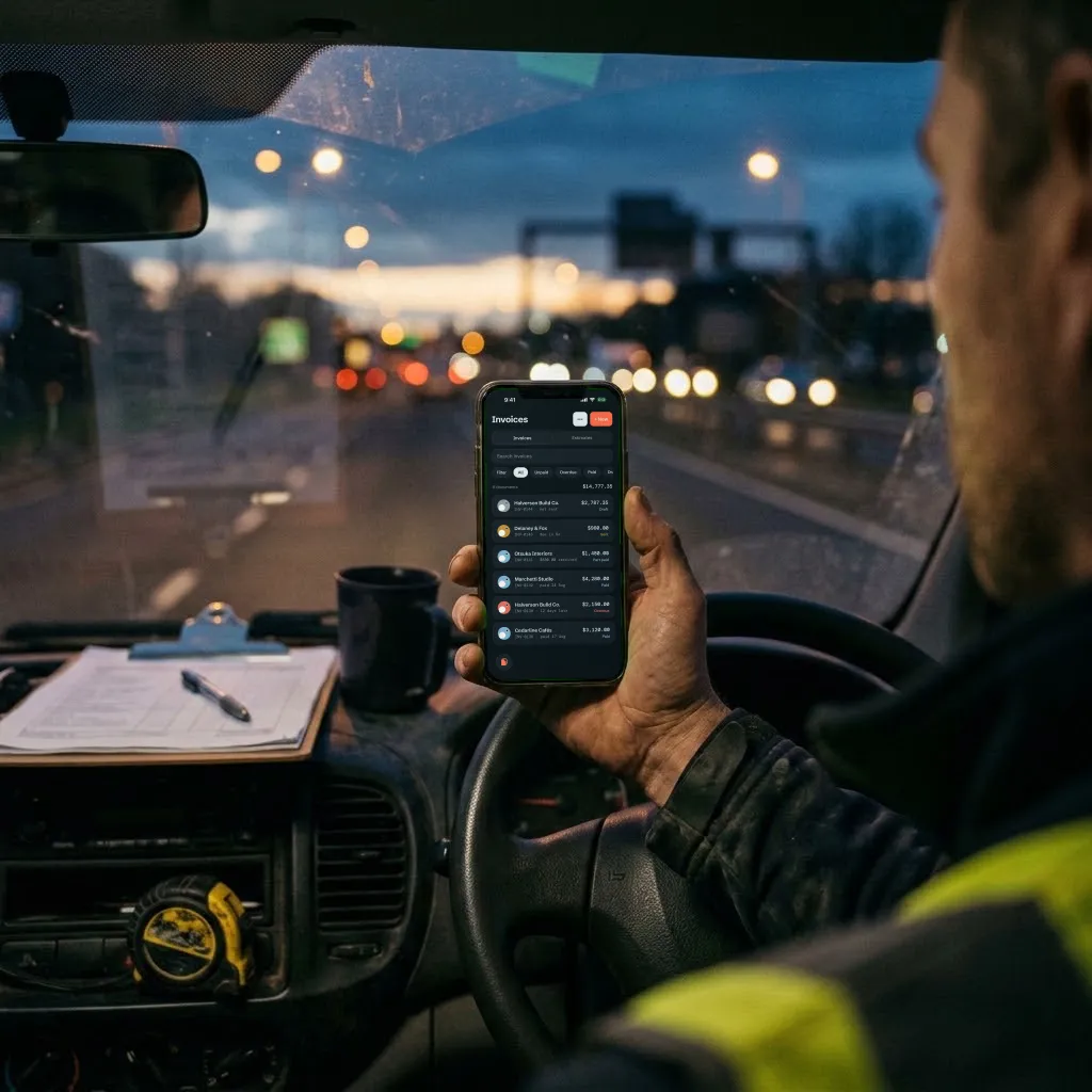 A tradesperson in the driver's seat of a van at dusk, holding up a phone showing the Invoice Koi invoice list