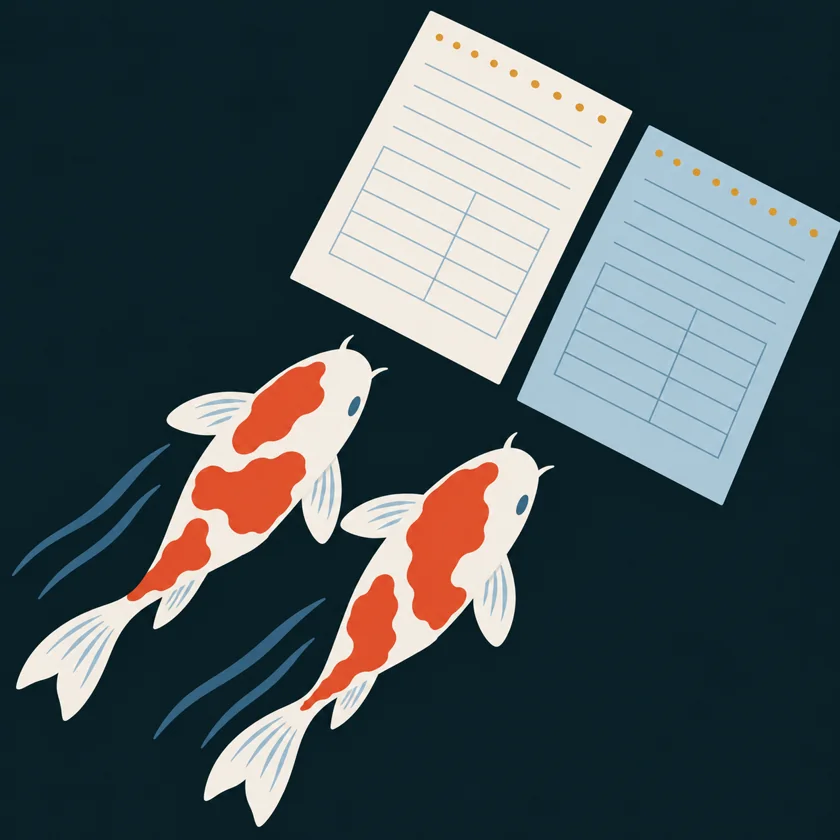 An illustration of two koi swimming side by side beside a top sheet and the matching copy beneath it, with a koi swimming among them.