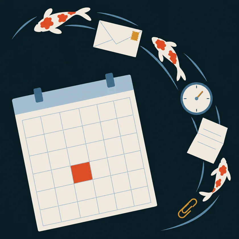 An illustration of a stamped envelope, a desk clock, a folded letter and a wall calendar page with one day marked, with a koi swimming among them.