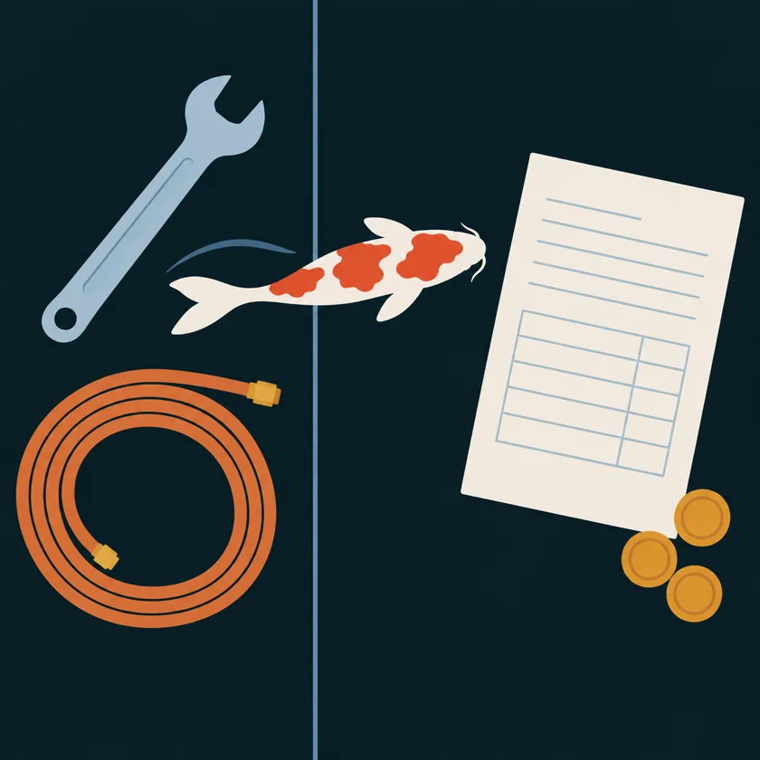 An illustration of a spanner and a coil of copper pipe on one side of a dividing line, a ruled sheet of paper and coins on the other, and a koi crossing between them, with a koi swimming among them.