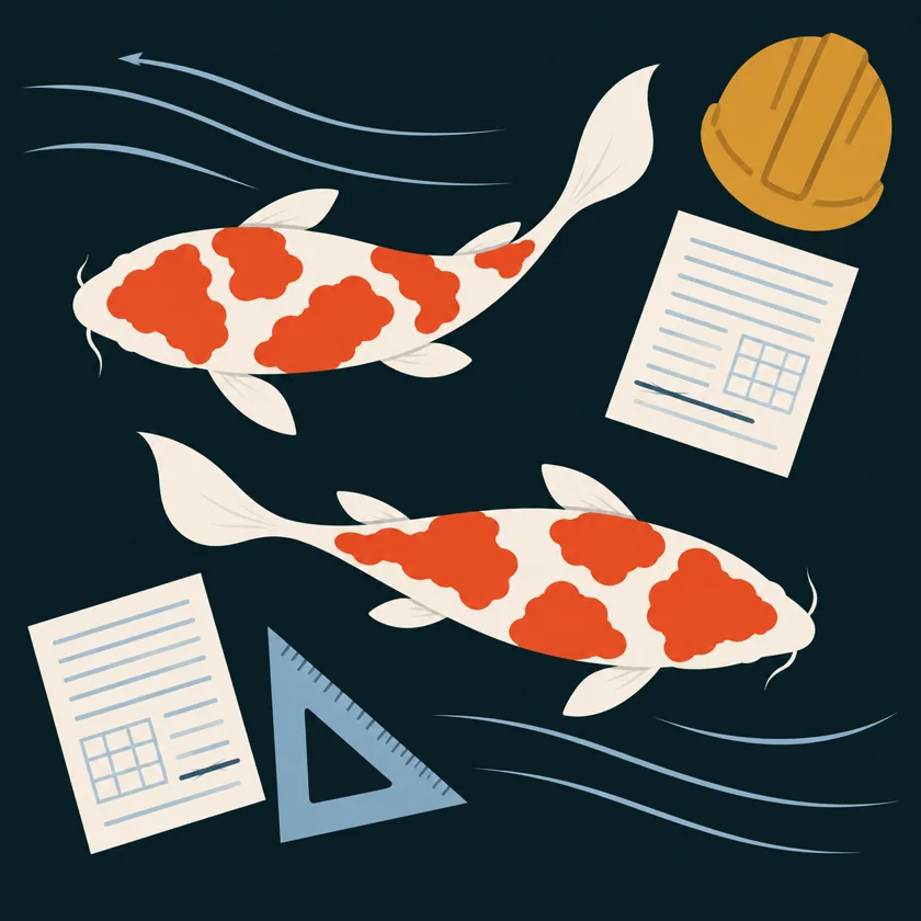 An illustration of two koi swimming opposite ways past two matching sheets of paper, a hard hat and a set square, with a koi swimming among them.
