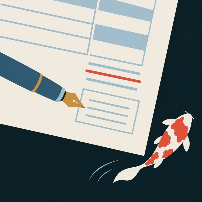 An illustration of the corner of an invoice with one line struck through, a small boxed note beneath it and a fountain pen, with a koi swimming among them.