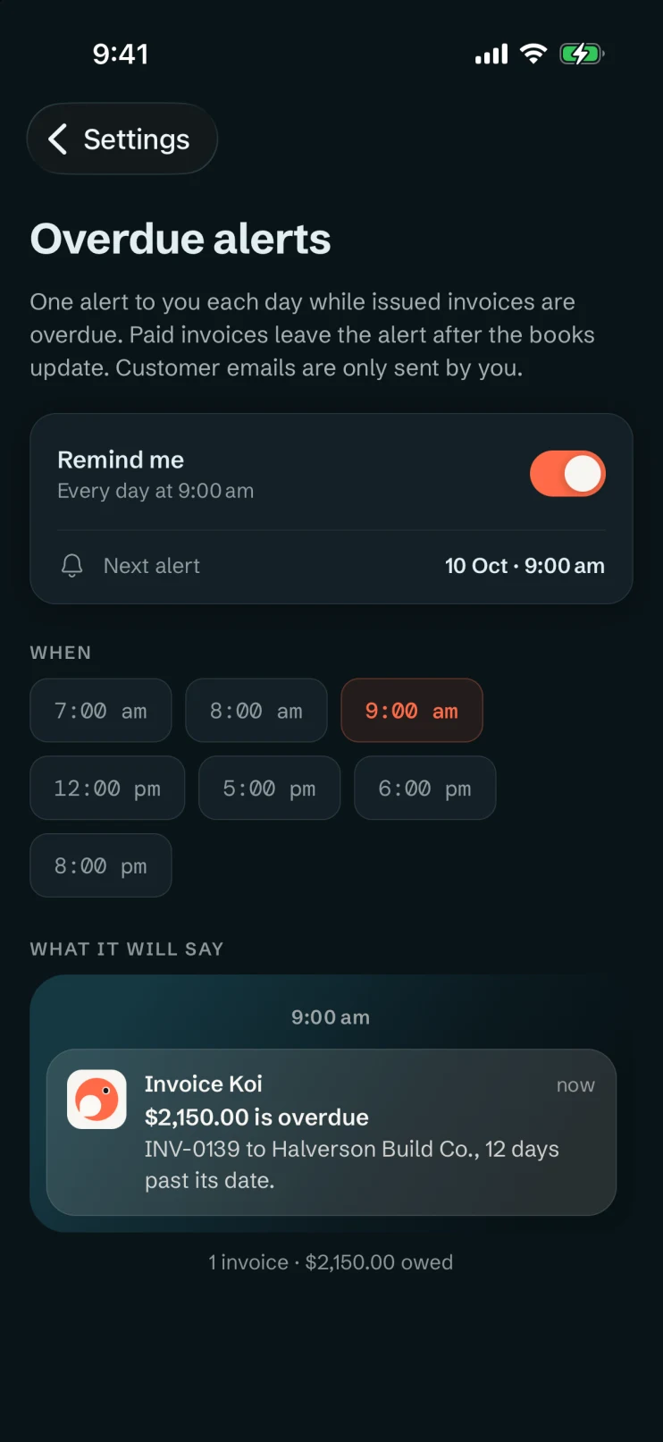 Overdue alerts set to every day at 9:00 am, with the notification it will send drawn underneath