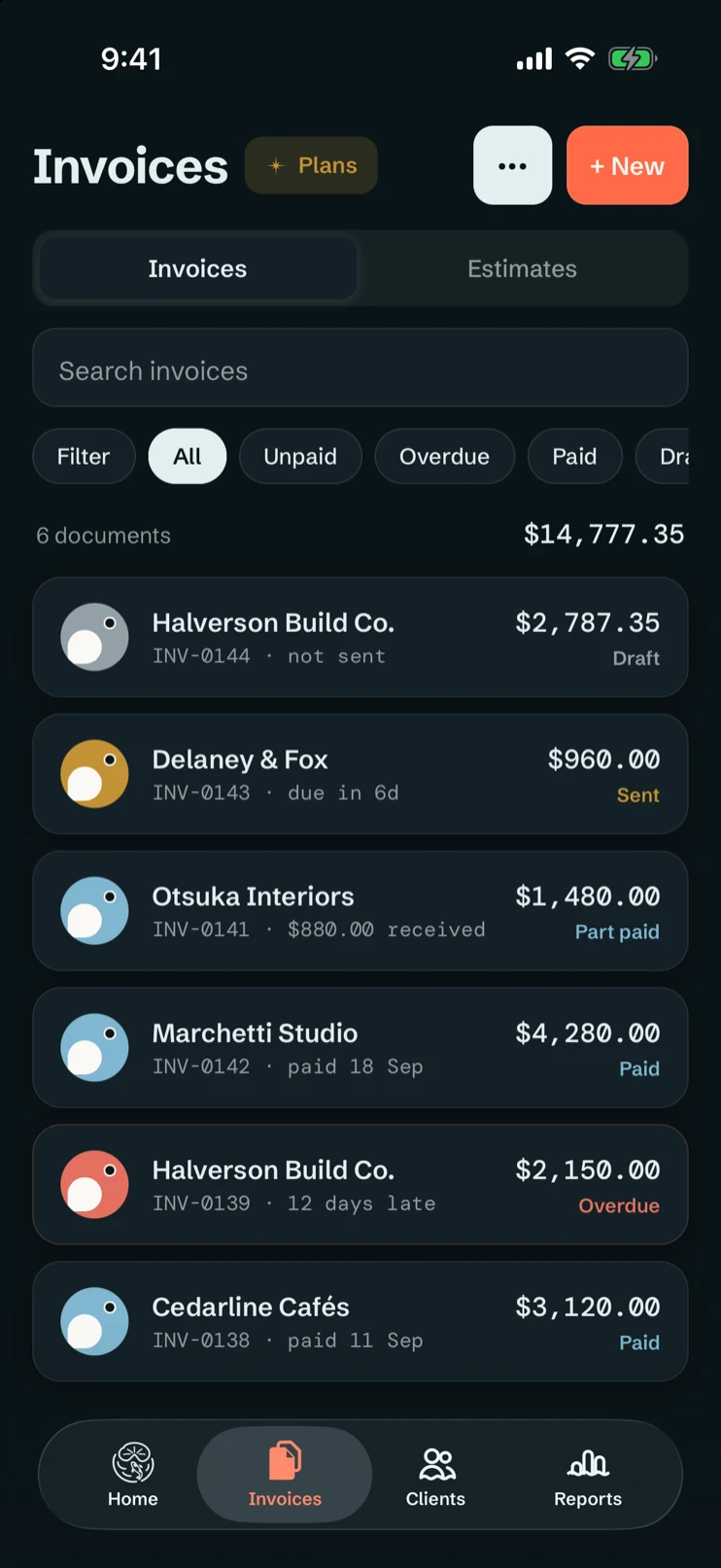 The invoice list: six documents worth $14,777.35, each marked draft, sent, part paid, paid or overdue