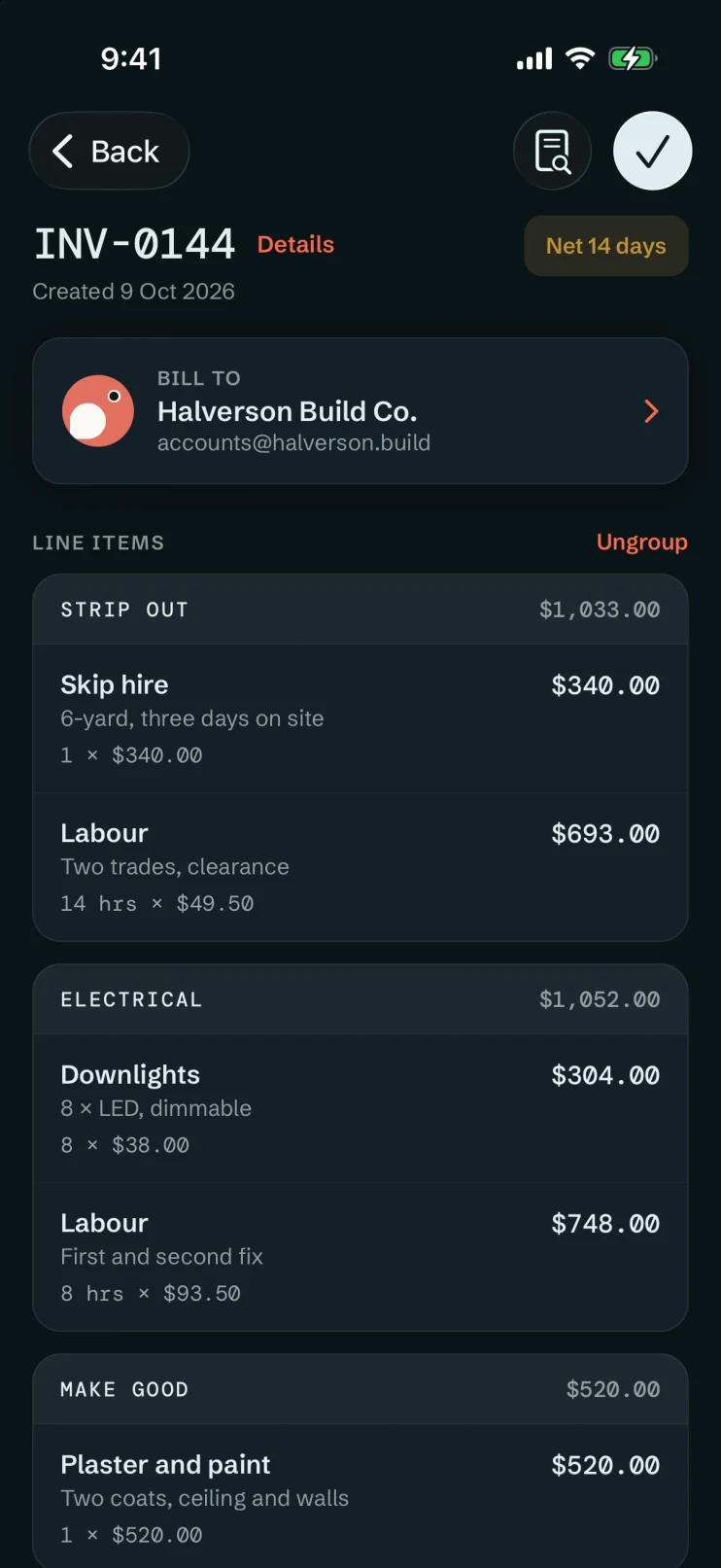 An invoice being written: the client at the top, then line items grouped into Strip out and Electrical, each one priced from the price book