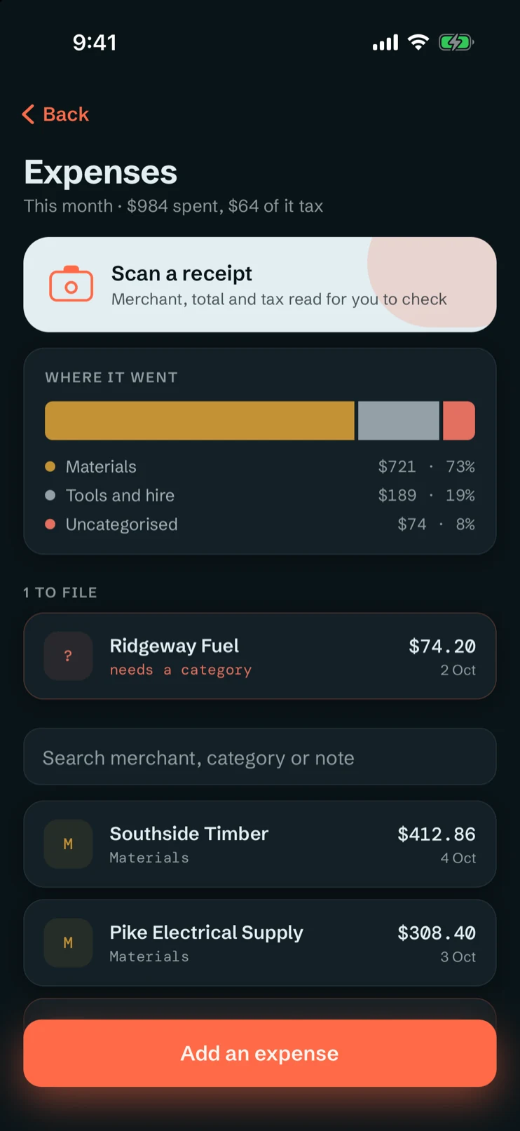 The expenses screen: a month at $1,049 with $69 of it tax, split by category, and the receipts under it with the merchant and amount read off each one