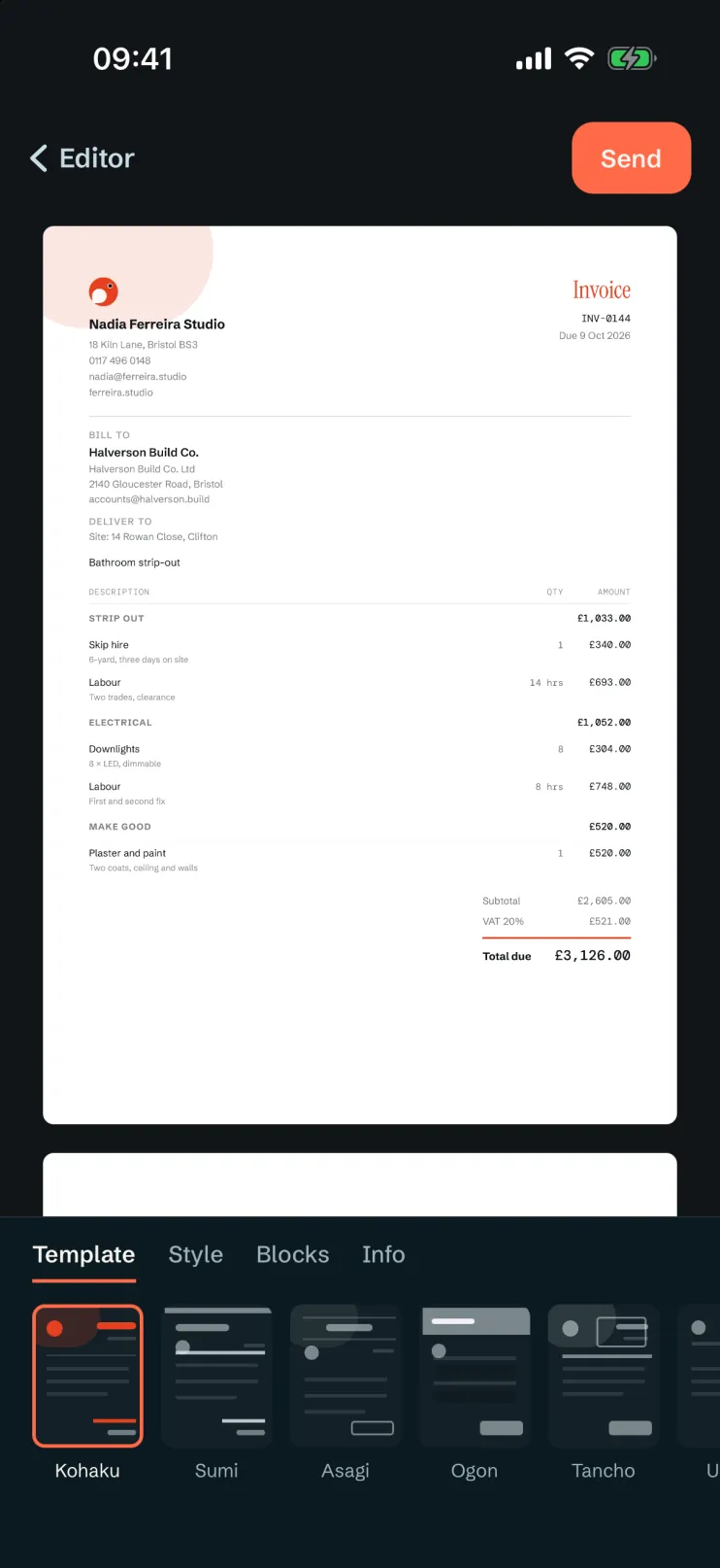An invoice from Nadia Ferreira Studio in Bristol to Halverson Build Co., grouped into strip out, electrical and make good, with VAT at 20% and £3,126.00 due
