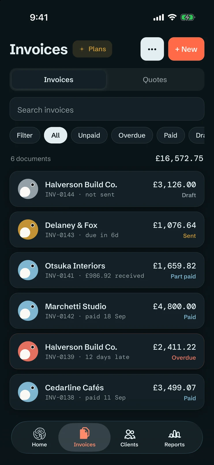 The invoice list: six documents worth £16,572.75, each marked draft, sent, part paid, paid or overdue