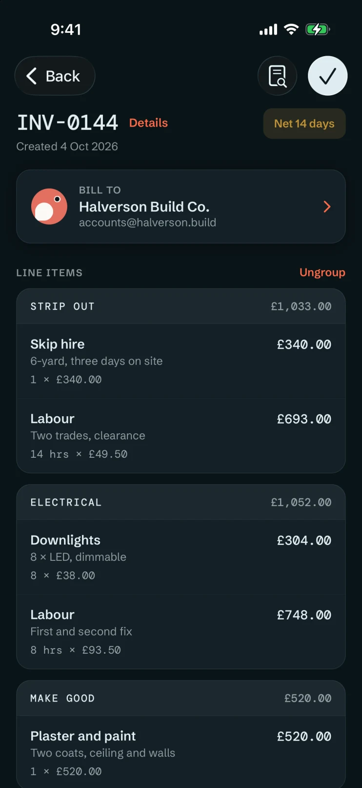An invoice being written: the client at the top, then line items grouped into Strip out and Electrical, each one priced from the price book