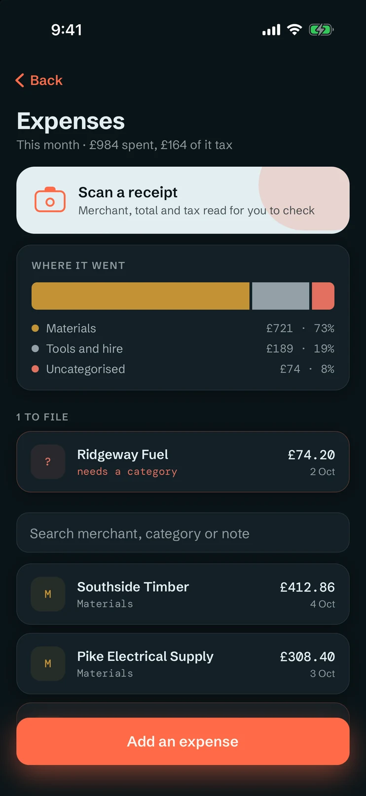 The expenses screen: a month at £1,049 with £175 of it VAT, split by category, and the receipts under it with the merchant and amount read off each one