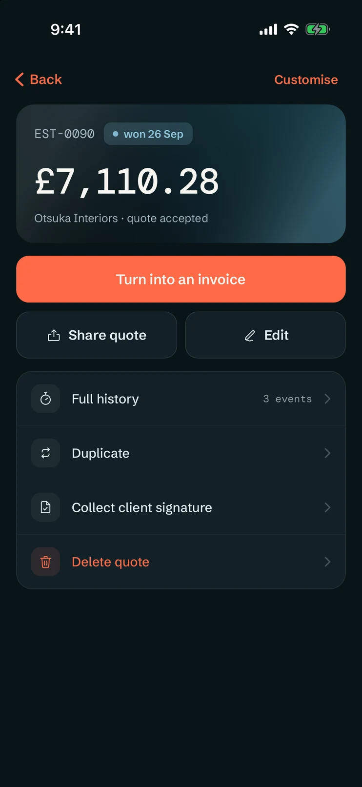 An accepted quote for £7,110.28, won on 17 Sep, with Turn into an invoice as its first button and its history a tap below