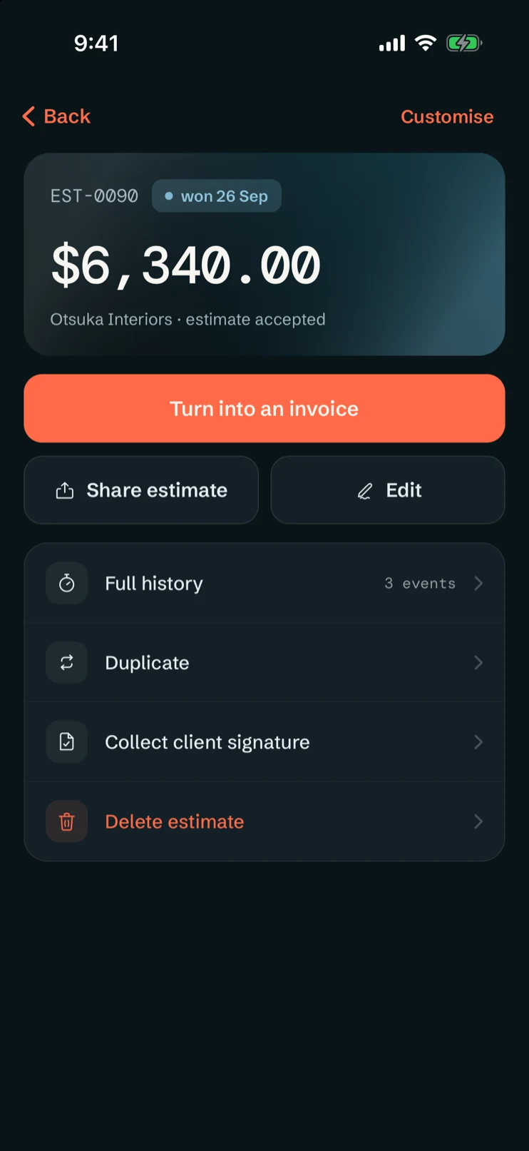 An accepted estimate for $6,340, with Turn into an invoice as its first button and a history of when it was sent, opened and won