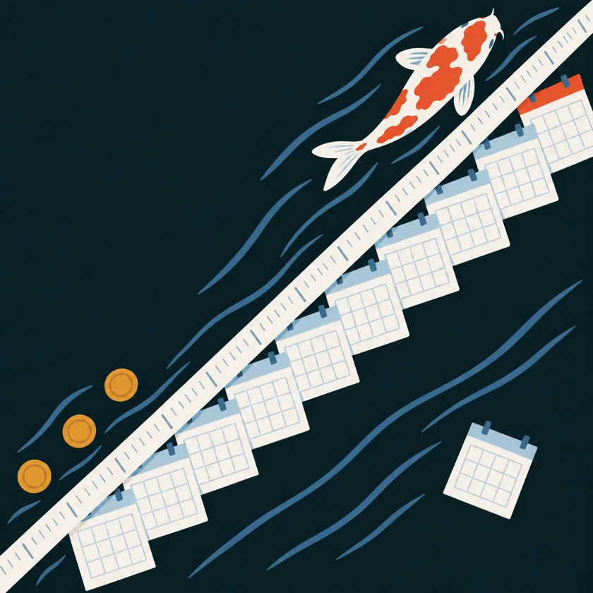An illustration of a long measuring tape laid corner to corner across a run of twelve calendar pages, with a koi swimming among them.