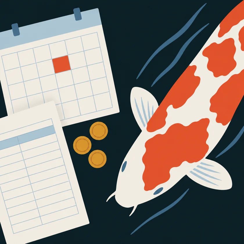 An illustration of a wall calendar page with one day marked, a few coins and a ruled sheet of paper, with a koi swimming among them.