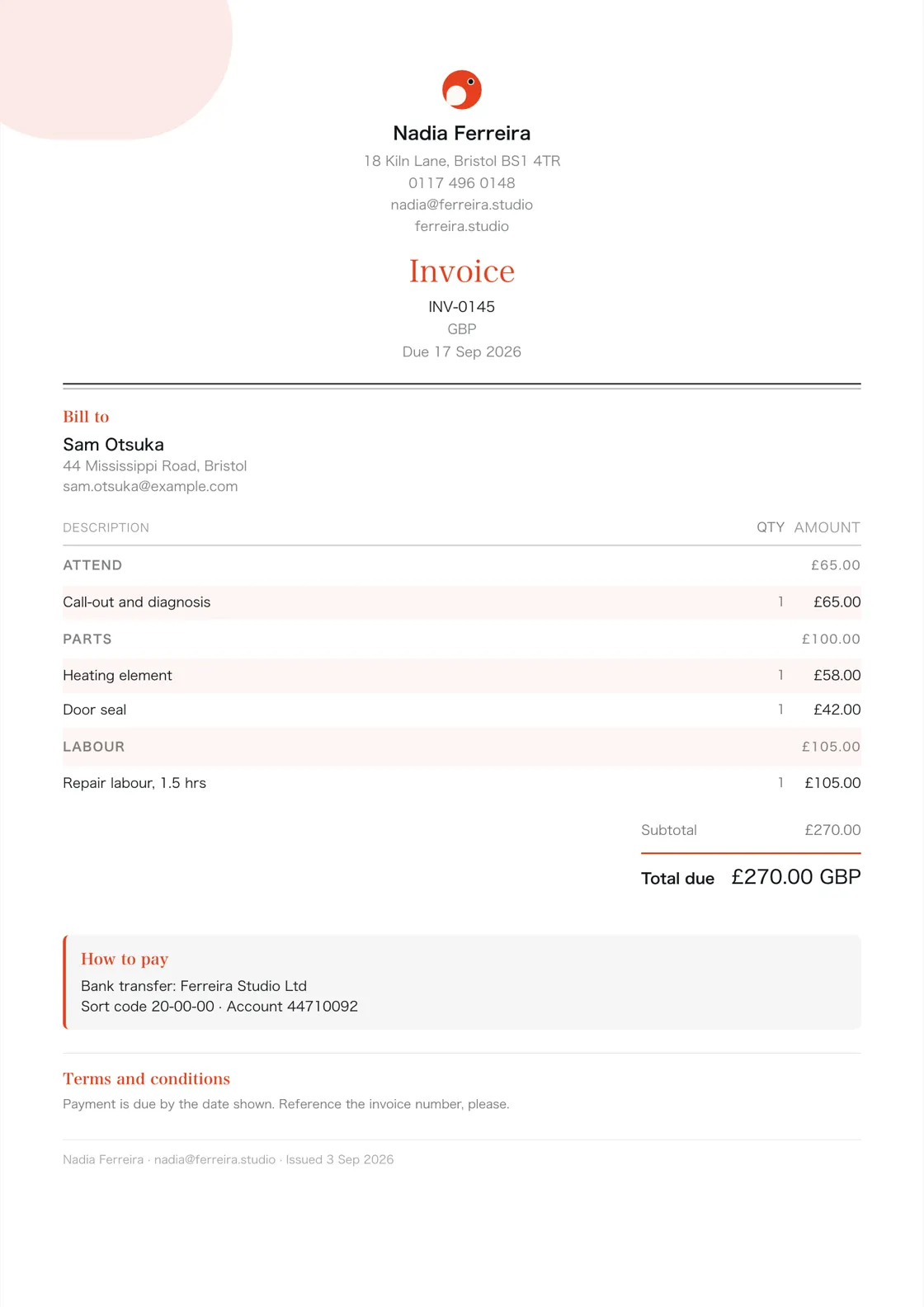 Appliance repair engineer invoice example: the job billed in three sections (Attend; Parts; Labour), a subtotal under each and the total due