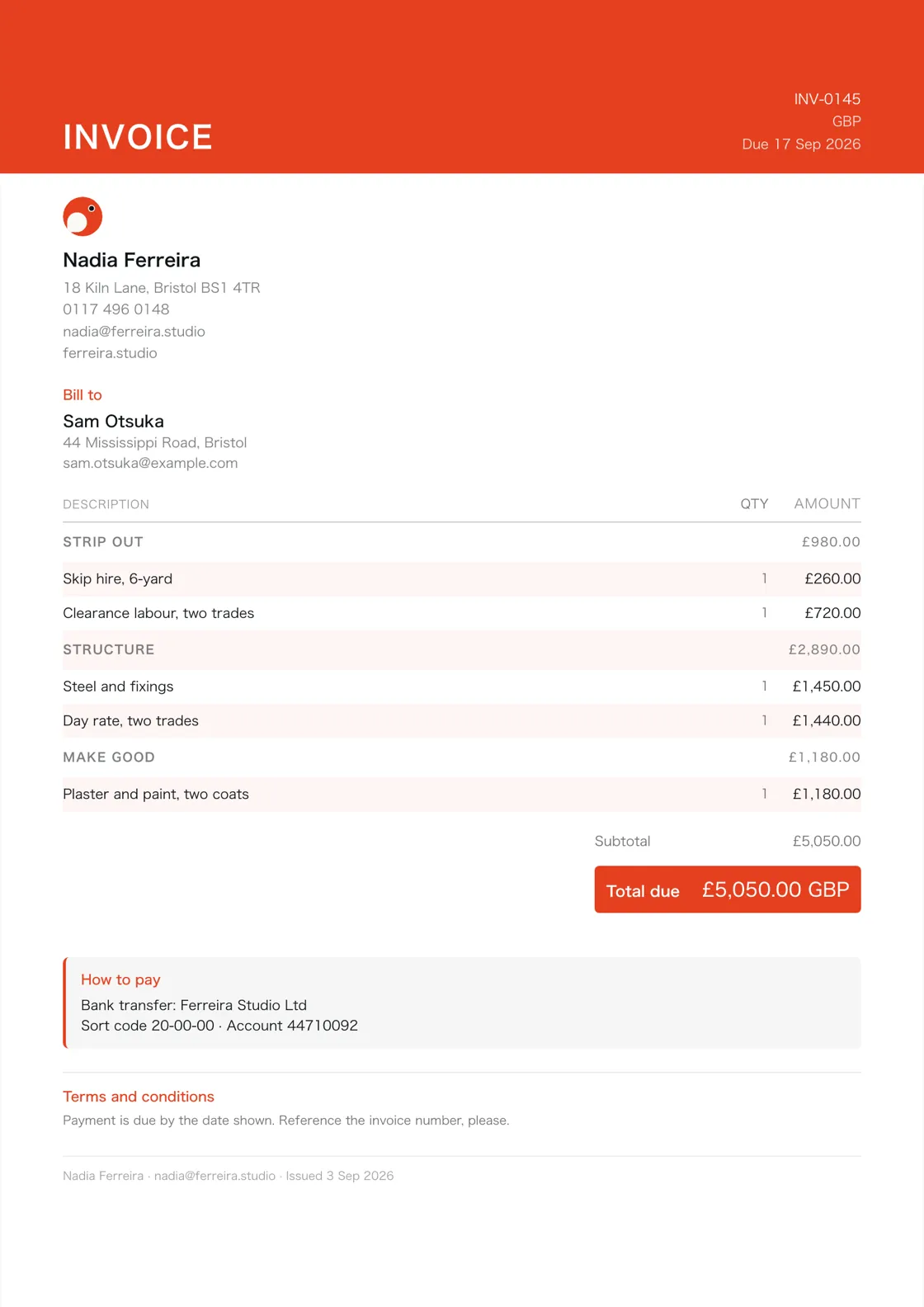 Builder invoice example: the job billed in three sections (Strip out; Structure; Make good), a subtotal under each and the total due