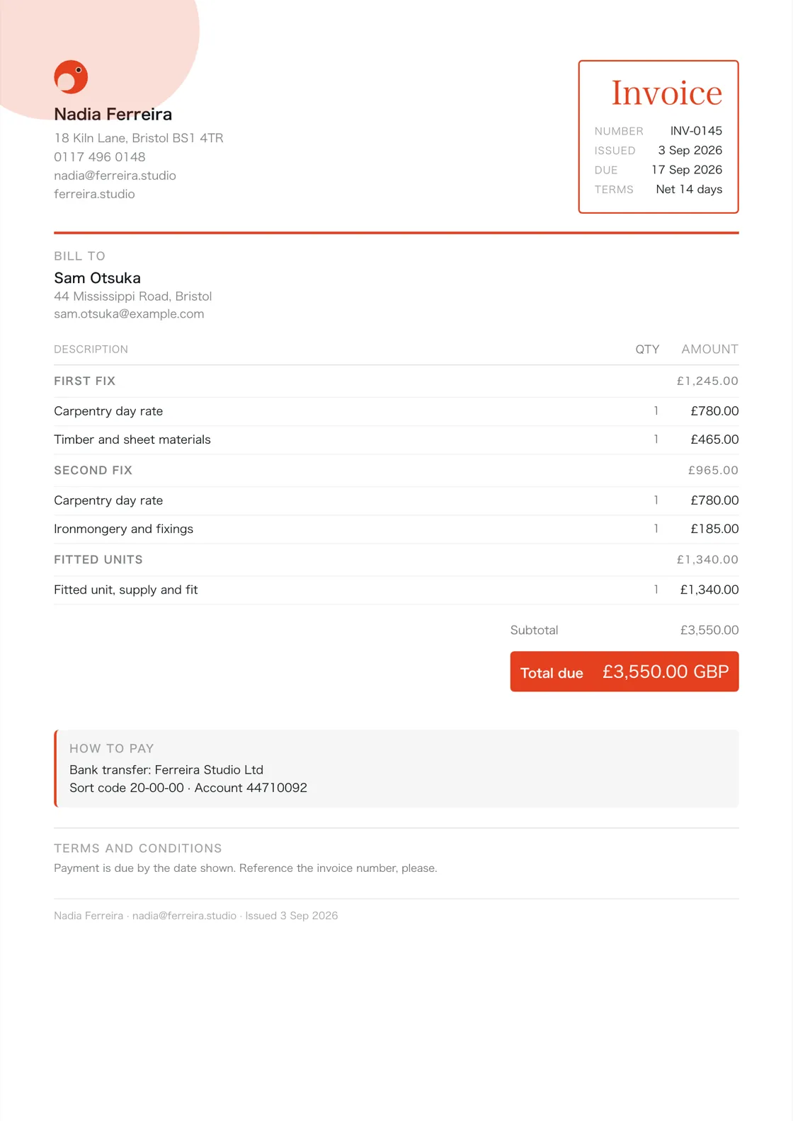 Carpenter invoice example: the job billed in three sections (First fix; Second fix; Fitted units), a subtotal under each and the total due