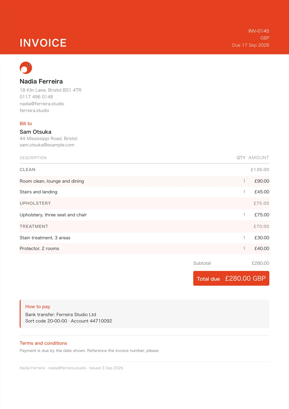 Carpet cleaner invoice example: the job billed in three sections (Clean; Upholstery; Treatment), a subtotal under each and the total due