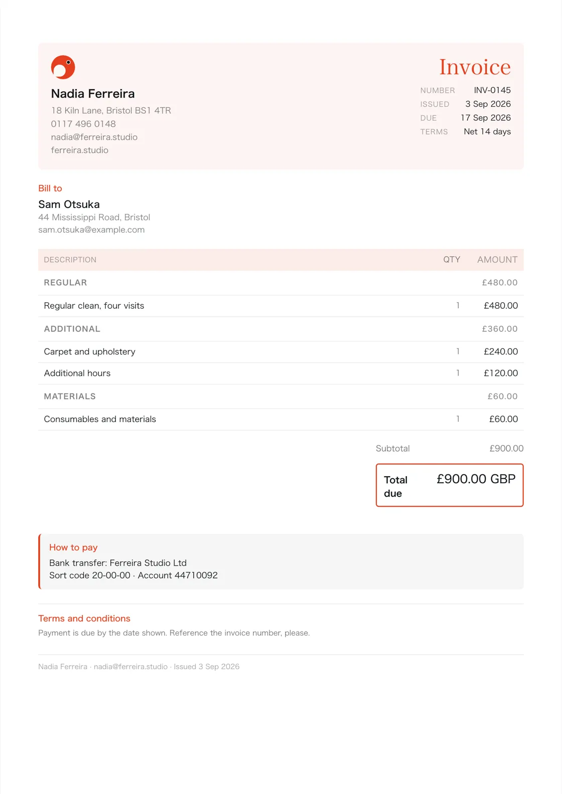 Cleaning business invoice example: the job billed in three sections (Regular; Additional; Materials), a subtotal under each and the total due