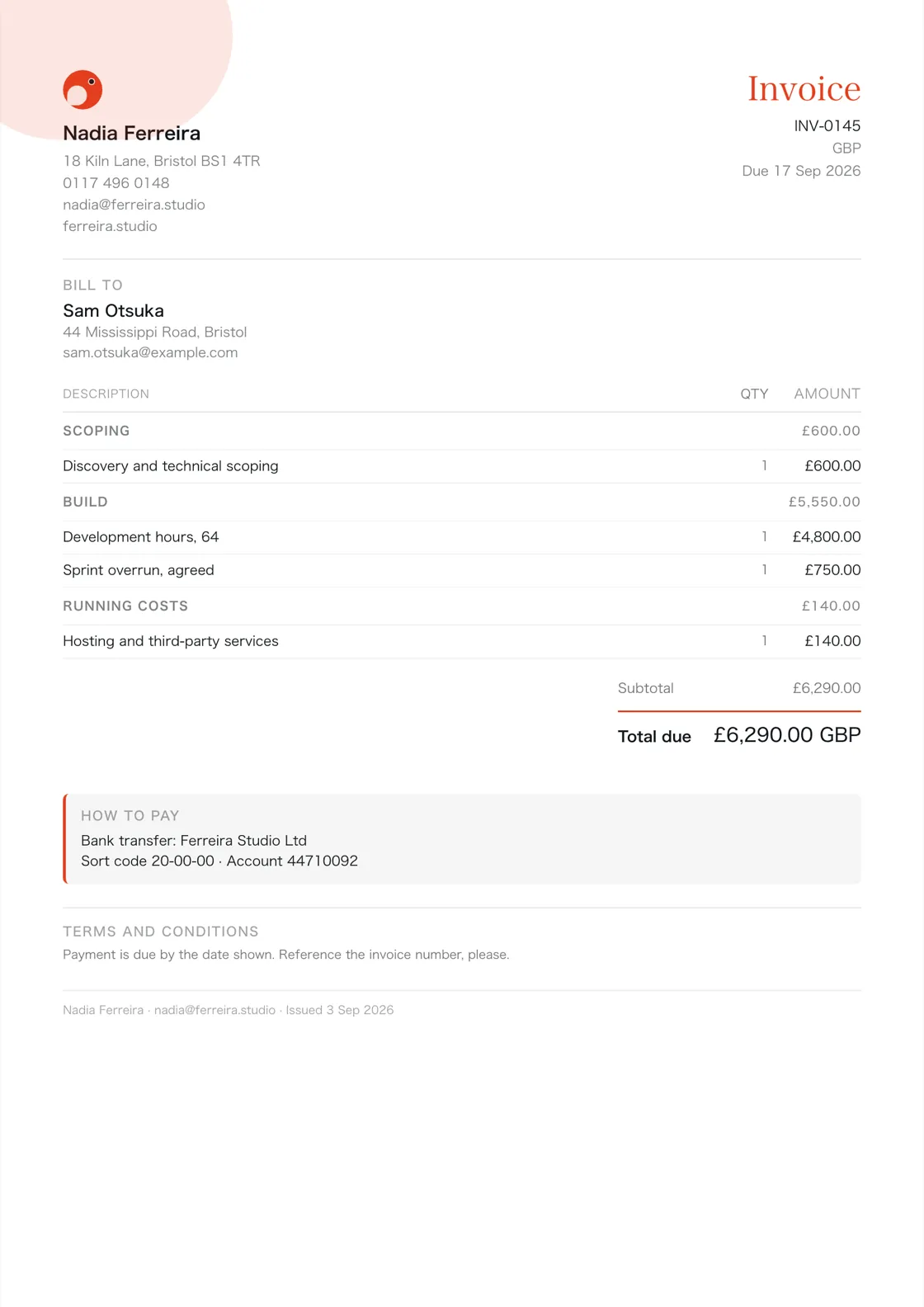 Developer invoice example: the job billed in three sections (Scoping; Build; Running costs), a subtotal under each and the total due