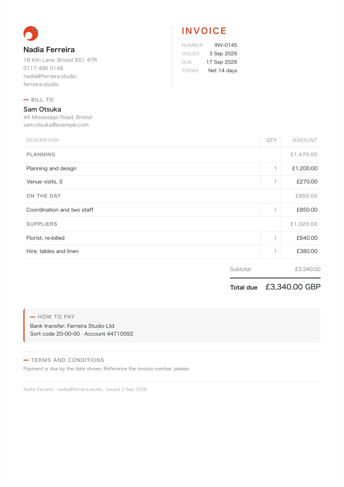 Event planner invoice example: the job billed in three sections (Planning; On the day; Suppliers), a subtotal under each and the total due