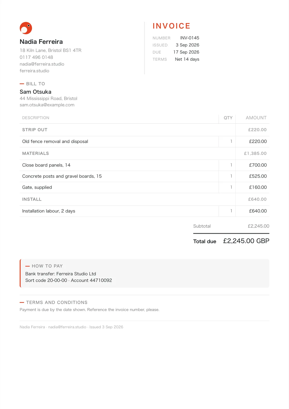 Fencing contractor invoice example: the job billed in three sections (Strip out; Materials; Install), a subtotal under each and the total due