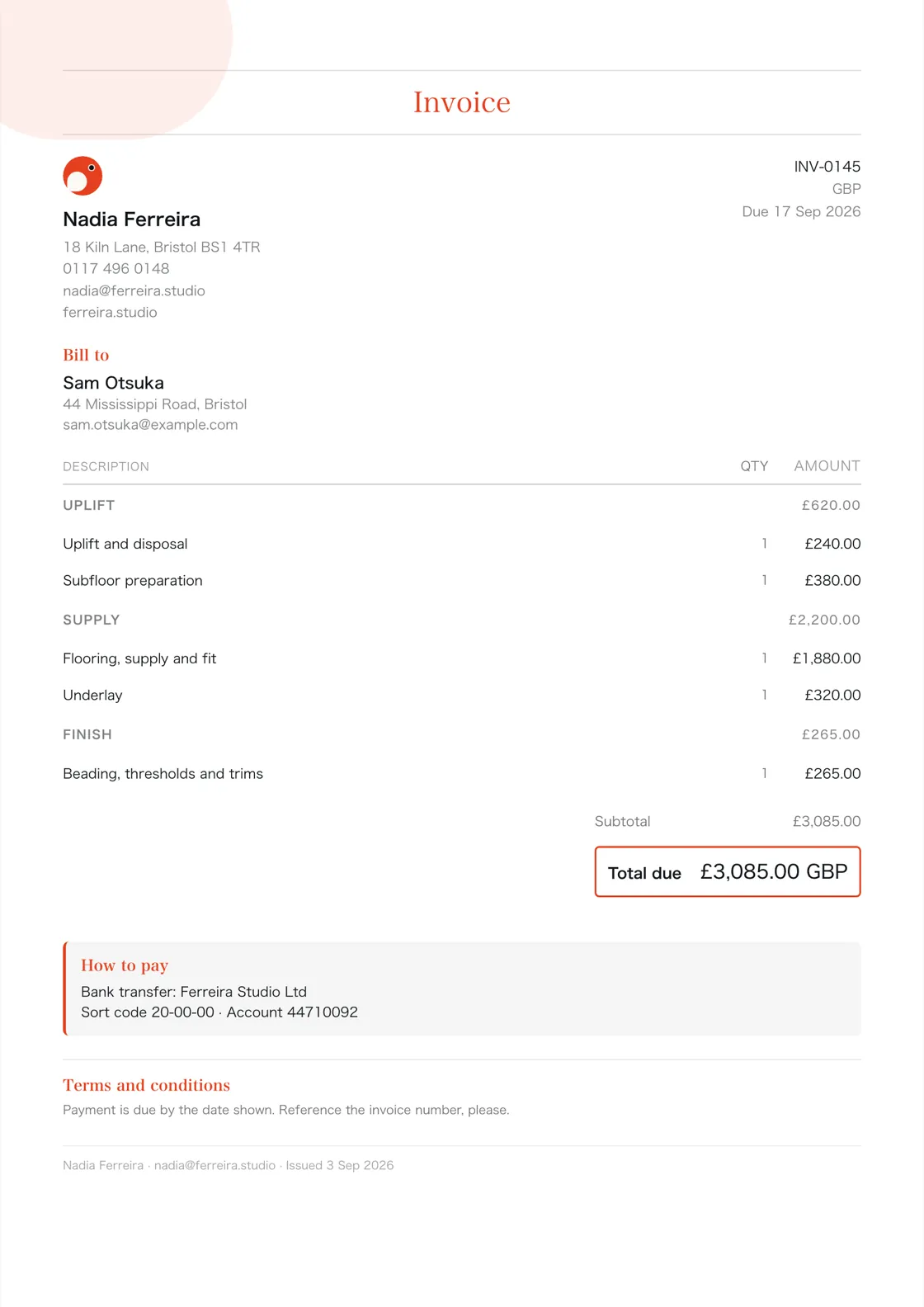 Flooring fitter invoice example: the job billed in three sections (Uplift; Supply; Finish), a subtotal under each and the total due