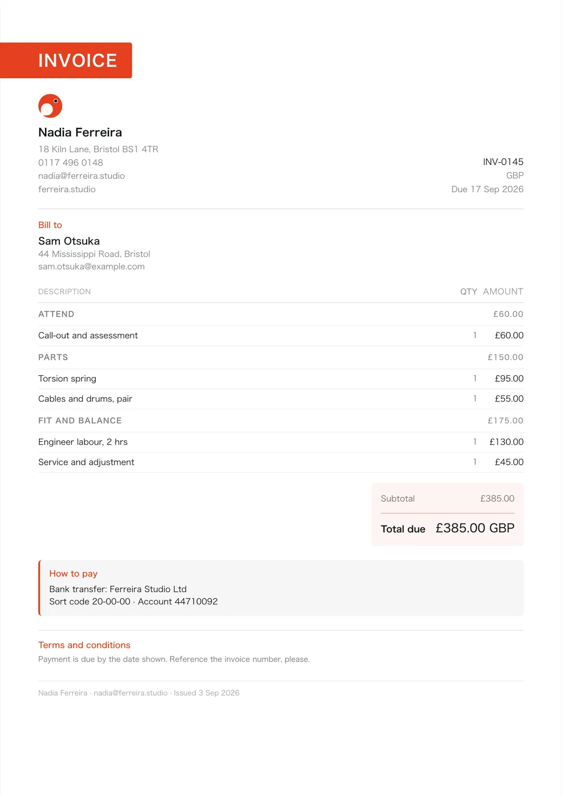 Garage door engineer invoice example: the job billed in three sections (Attend; Parts; Fit and balance), a subtotal under each and the total due
