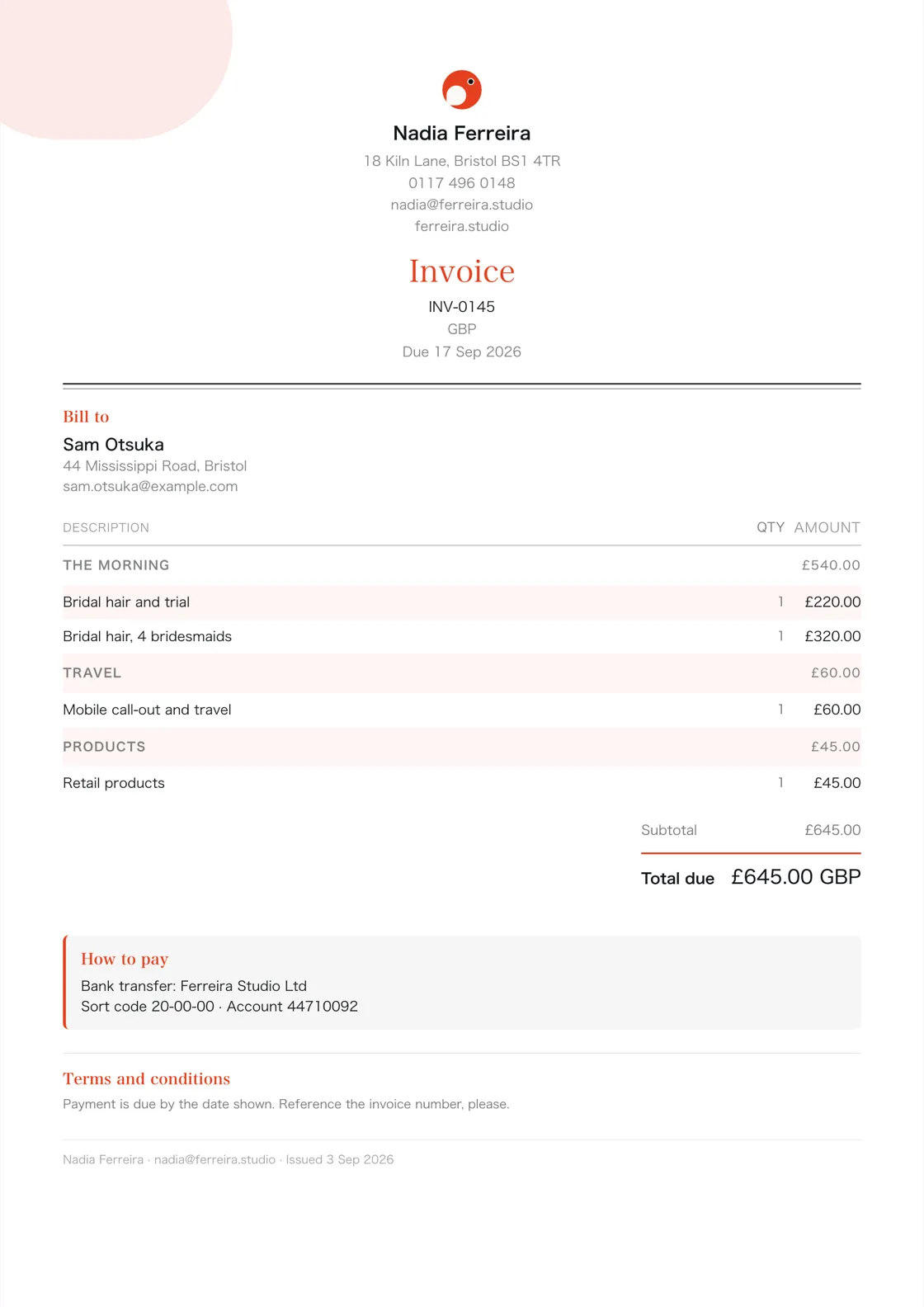 Hairdresser invoice example: the job billed in three sections (The morning; Travel; Products), a subtotal under each and the total due