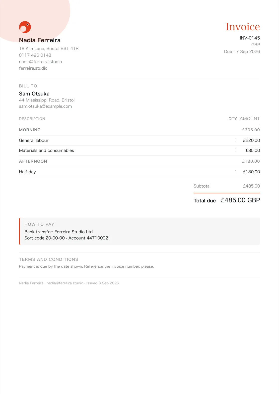 Handyman invoice example: the job billed in two sections (Morning; Afternoon), a subtotal under each and the total due