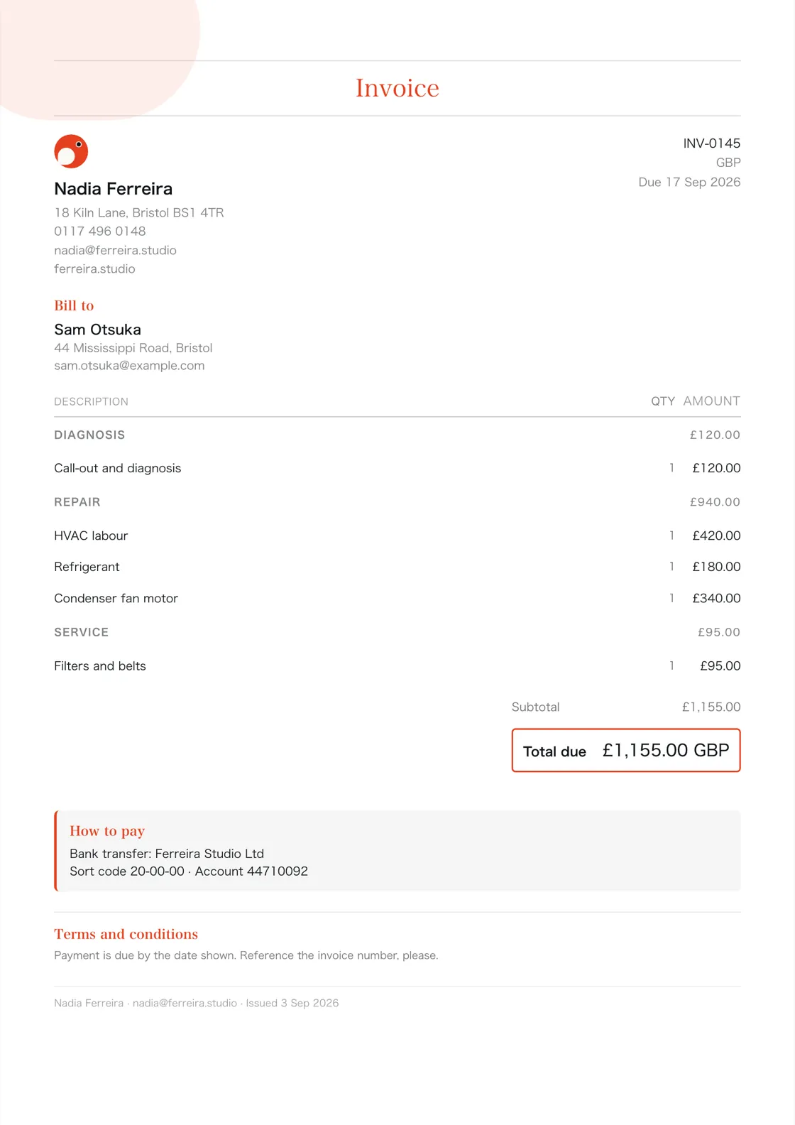 HVAC engineer invoice example: the job billed in three sections (Diagnosis; Repair; Service), a subtotal under each and the total due