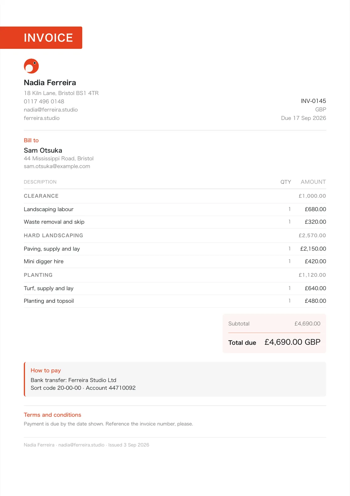 Landscaper invoice example: the job billed in three sections (Clearance; Hard landscaping; Planting), a subtotal under each and the total due