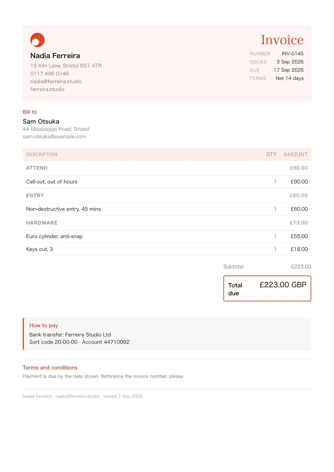 Locksmith invoice example: the job billed in three sections (Attend; Entry; Hardware), a subtotal under each and the total due