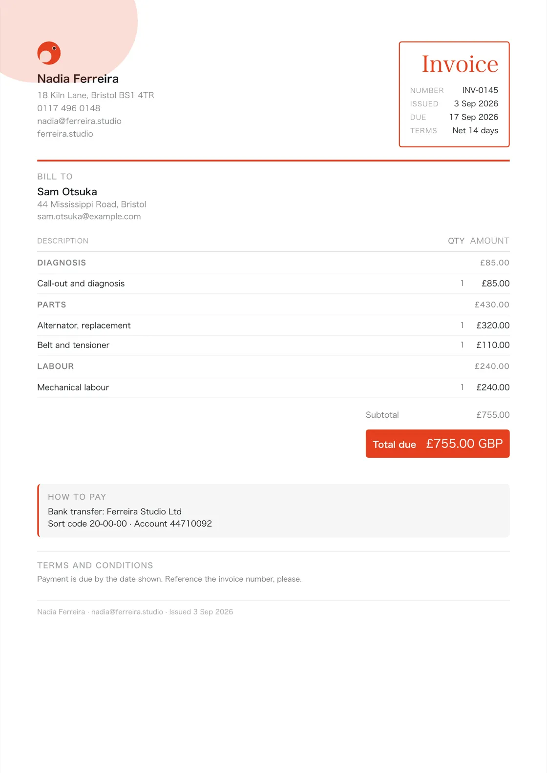 Mobile mechanic invoice example: the job billed in three sections (Diagnosis; Parts; Labour), a subtotal under each and the total due