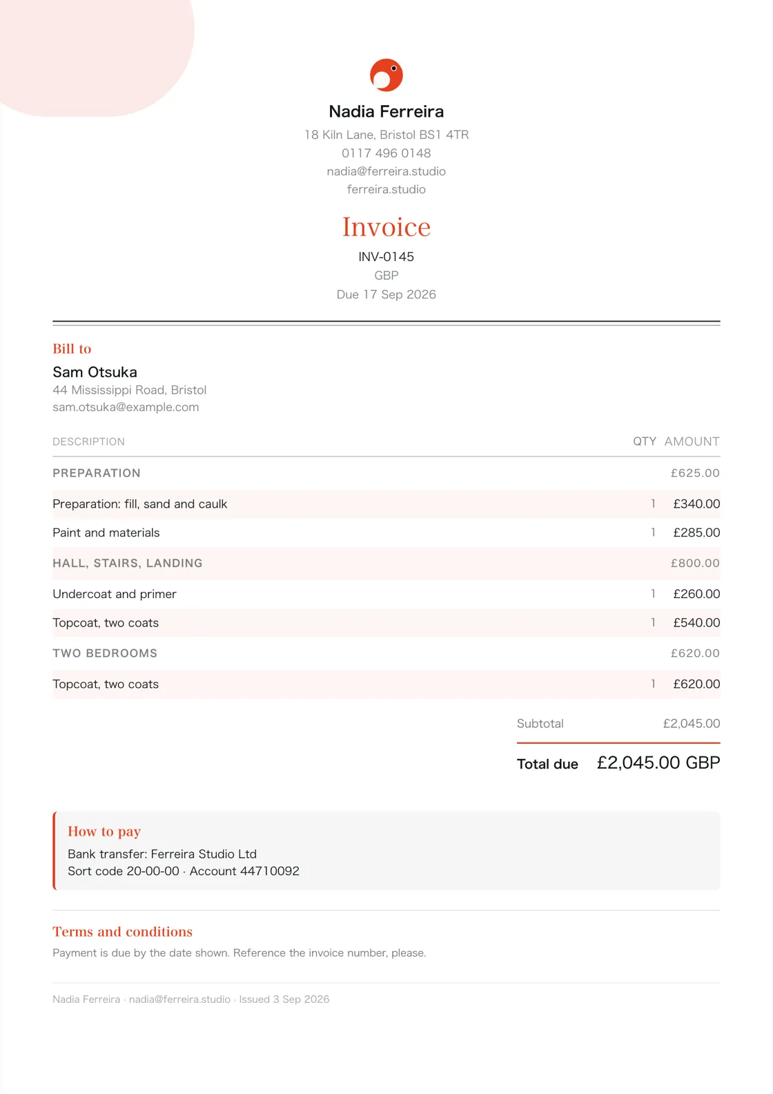 Painter and decorator invoice example: the job billed in three sections (Preparation; Hall, stairs, landing; Two bedrooms), a subtotal under each and the total due