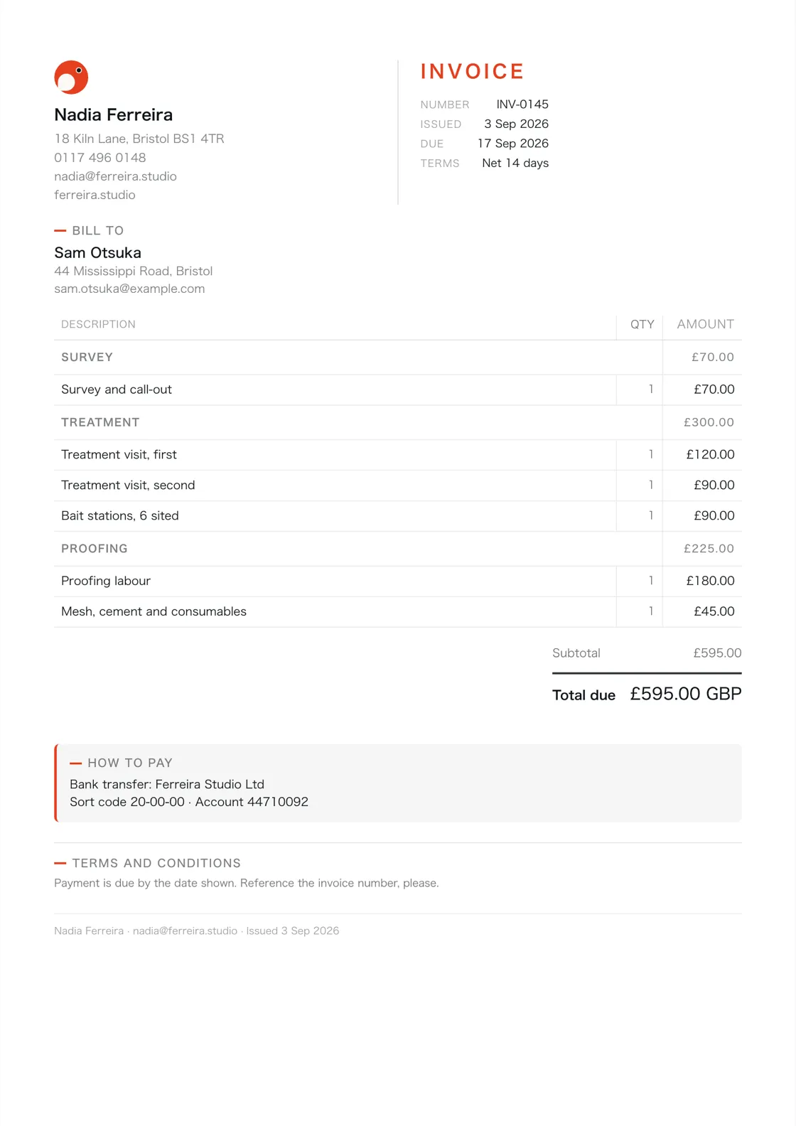 Pest controller invoice example: the job billed in three sections (Survey; Treatment; Proofing), a subtotal under each and the total due