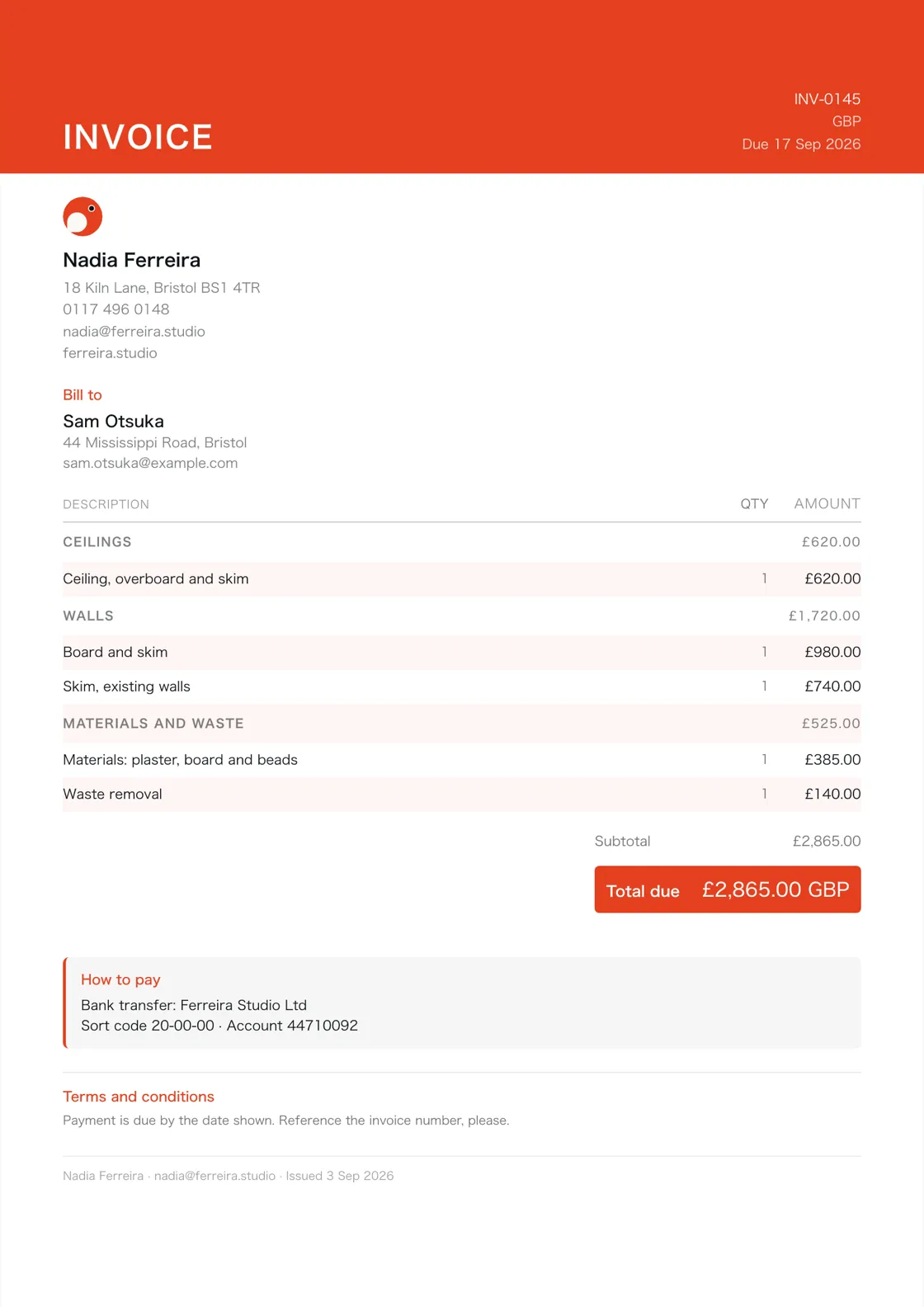 Plasterer invoice example: the job billed in three sections (Ceilings; Walls; Materials and waste), a subtotal under each and the total due