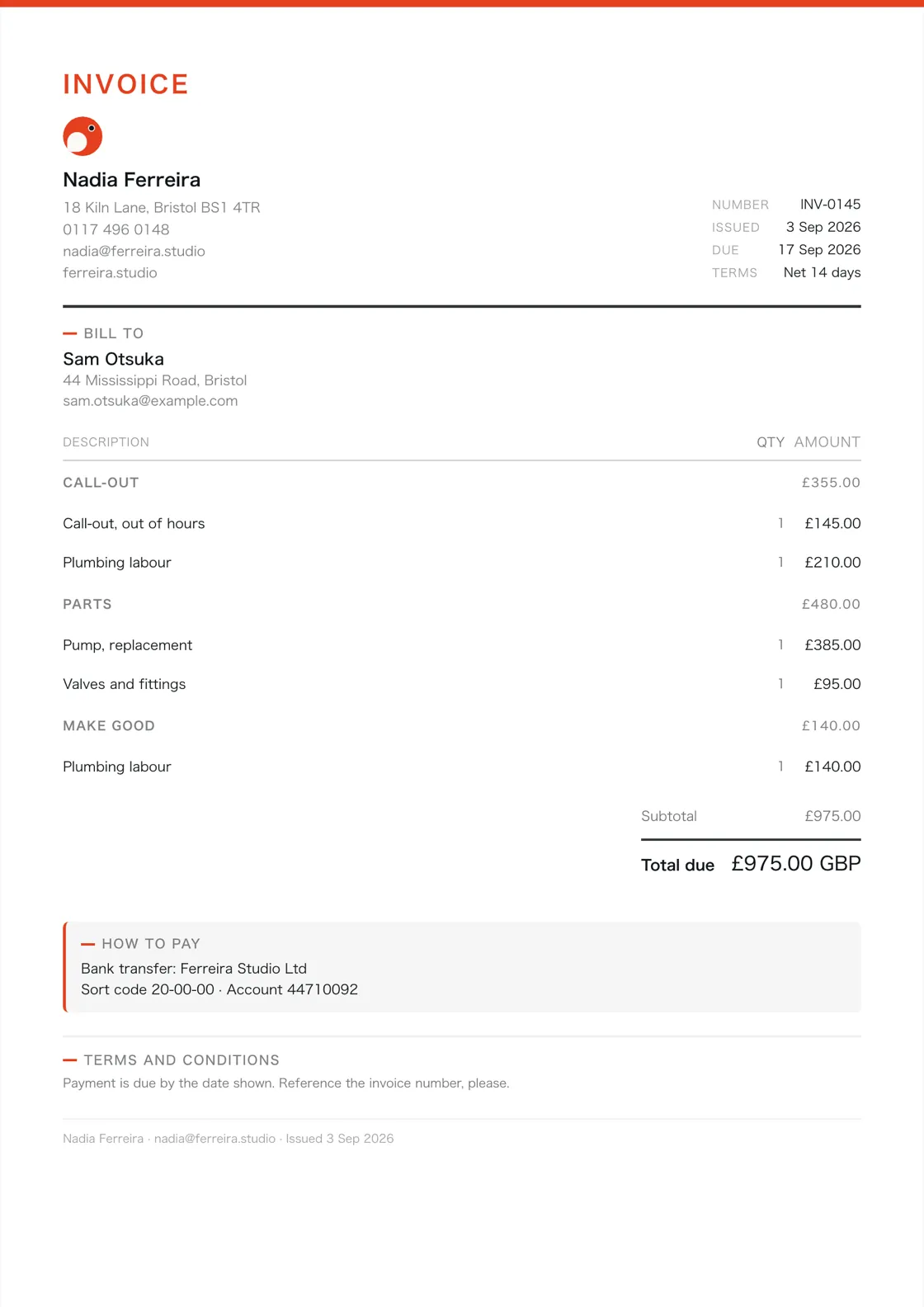 Plumber invoice example: the job billed in three sections (Call-out; Parts; Make good), a subtotal under each and the total due