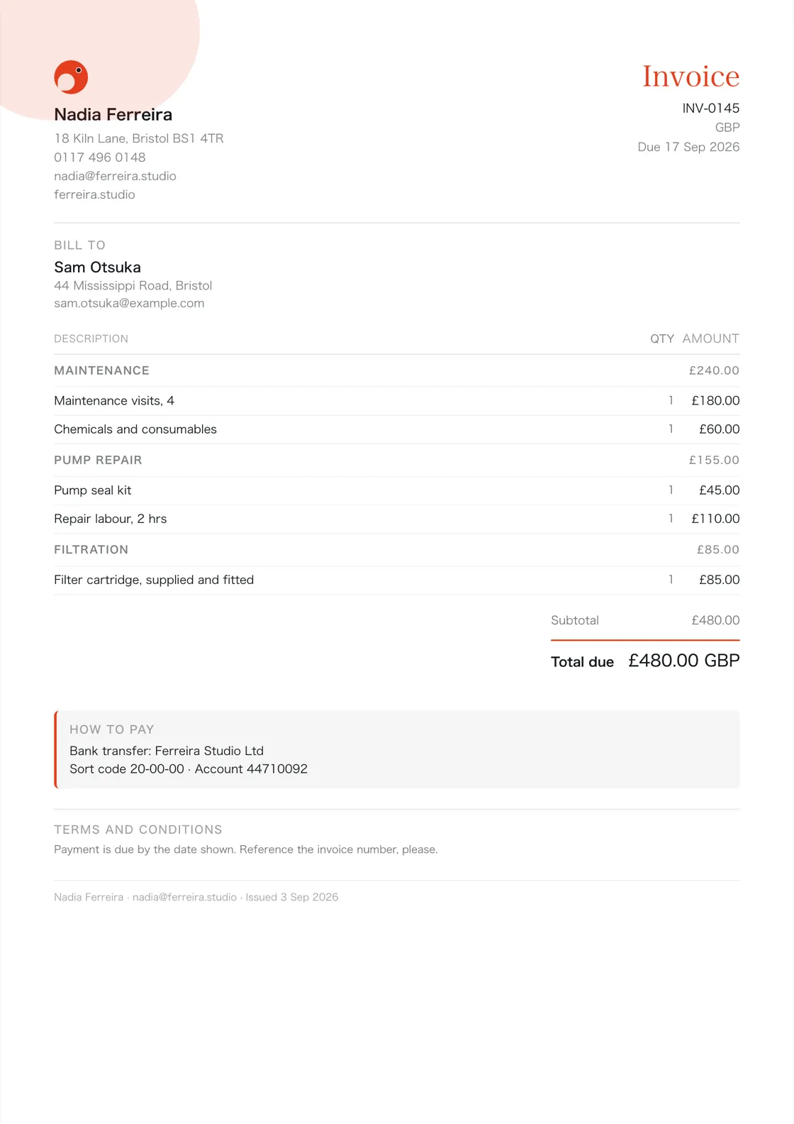 Pool and hot tub engineer invoice example: the job billed in three sections (Maintenance; Pump repair; Filtration), a subtotal under each and the total due