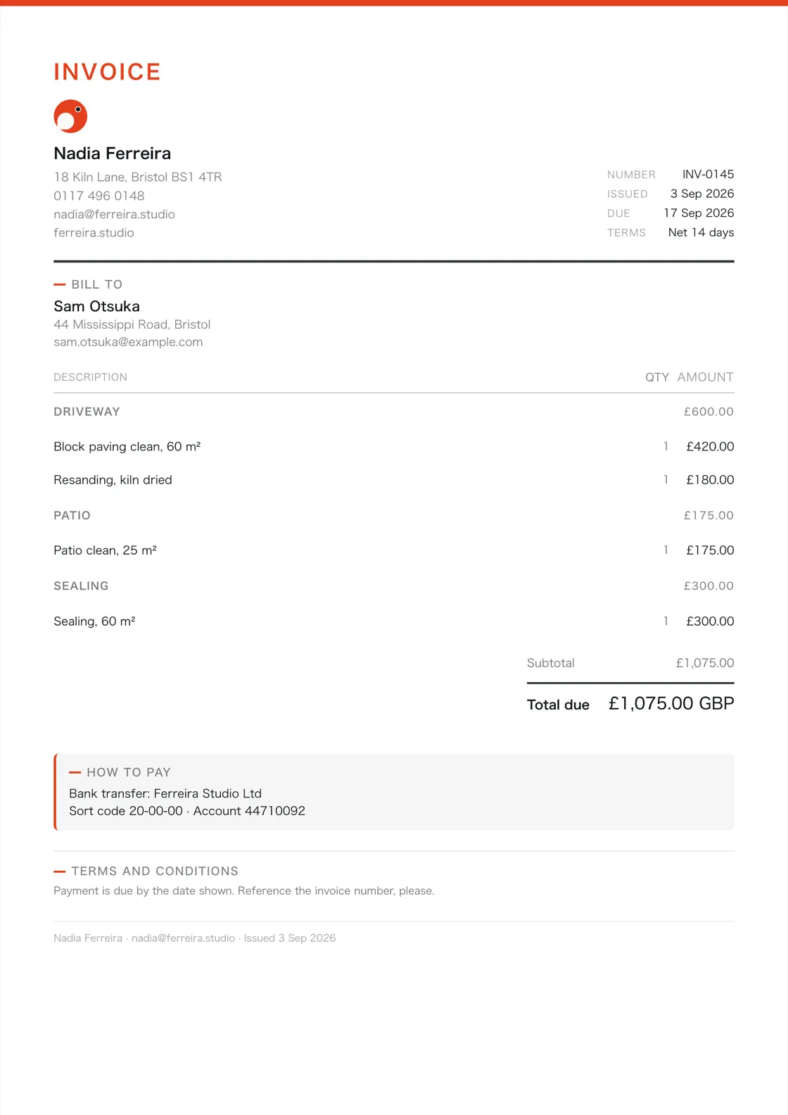 Pressure washing contractor invoice example: the job billed in three sections (Driveway; Patio; Sealing), a subtotal under each and the total due