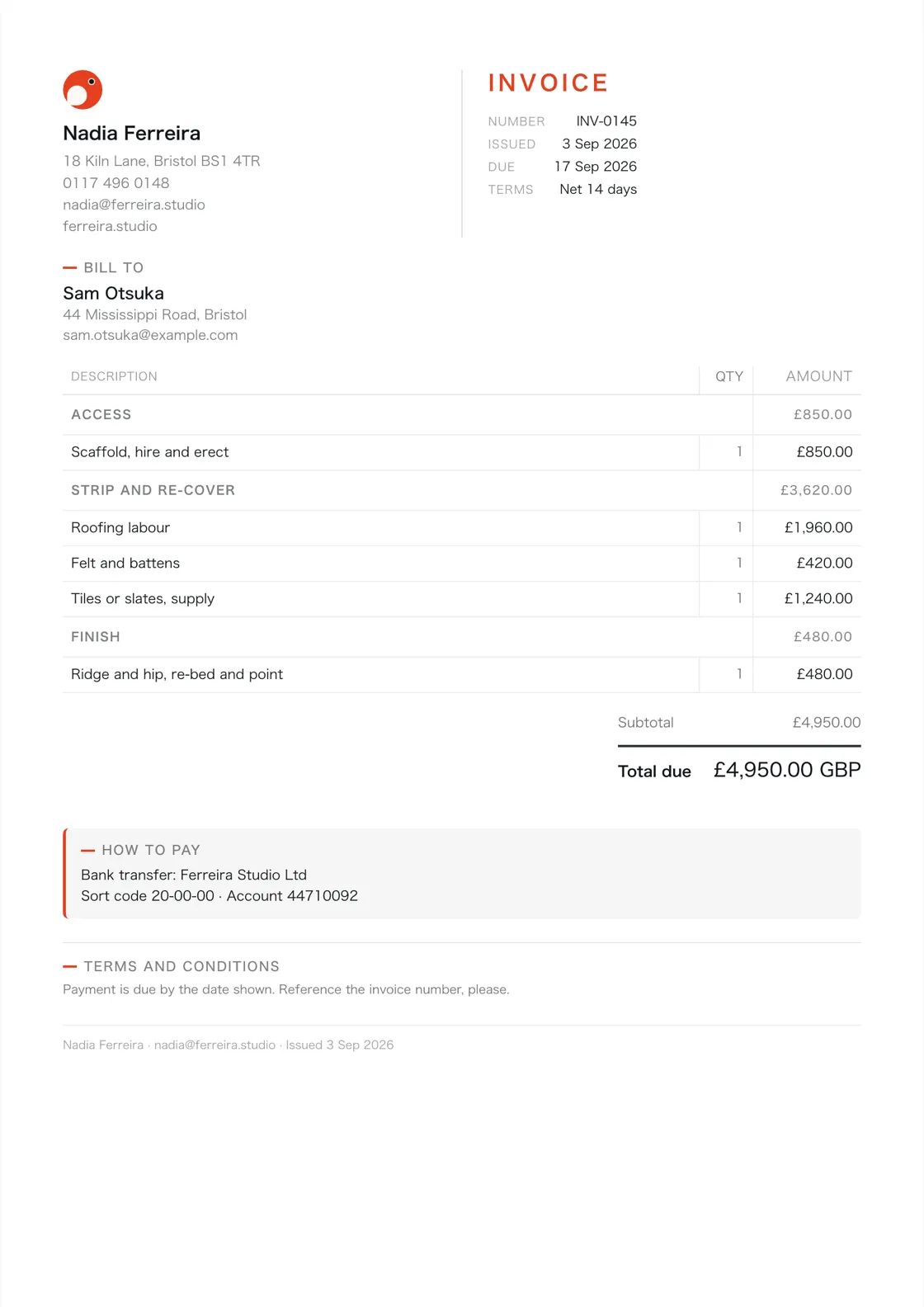 Roofer invoice example: the job billed in three sections (Access; Strip and re-cover; Finish), a subtotal under each and the total due