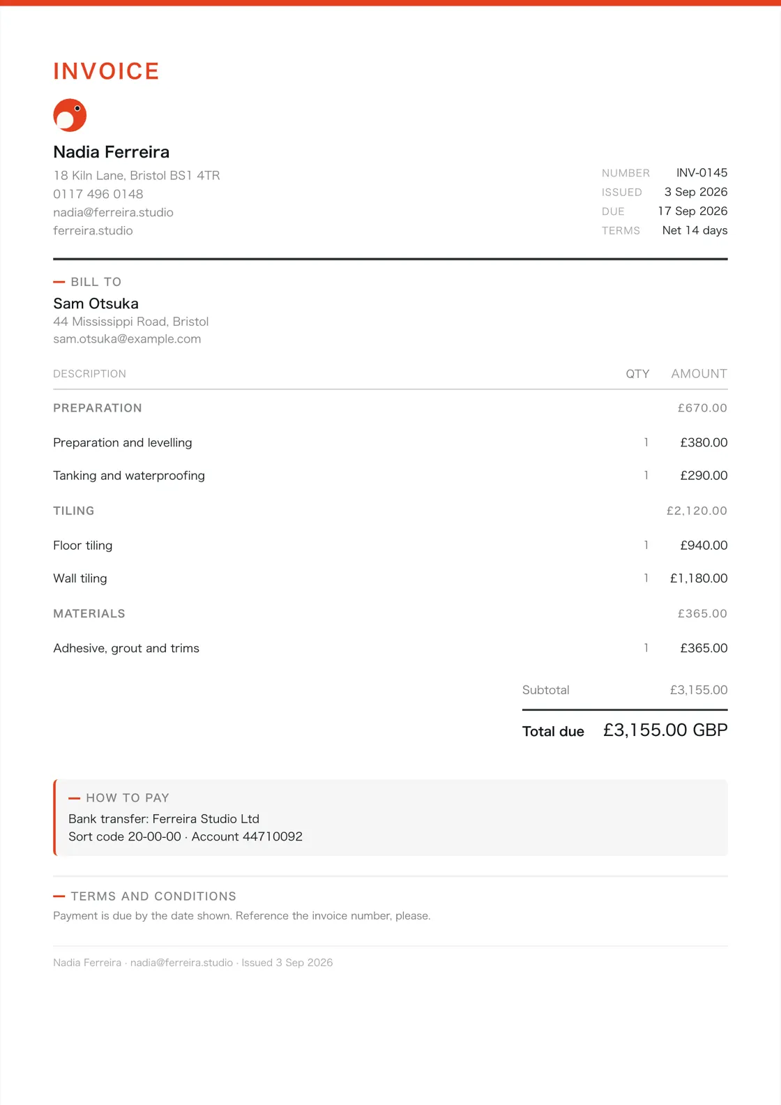 Tiler invoice example: the job billed in three sections (Preparation; Tiling; Materials), a subtotal under each and the total due