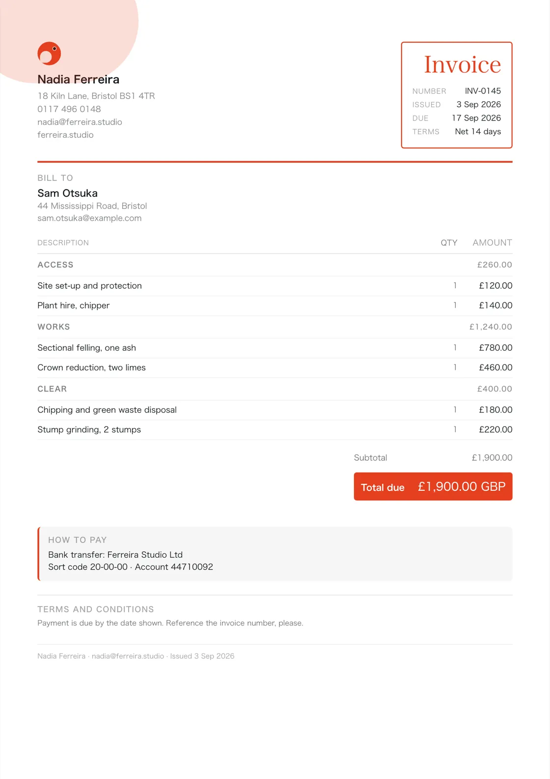 Tree surgeon invoice example: the job billed in three sections (Access; Works; Clear), a subtotal under each and the total due
