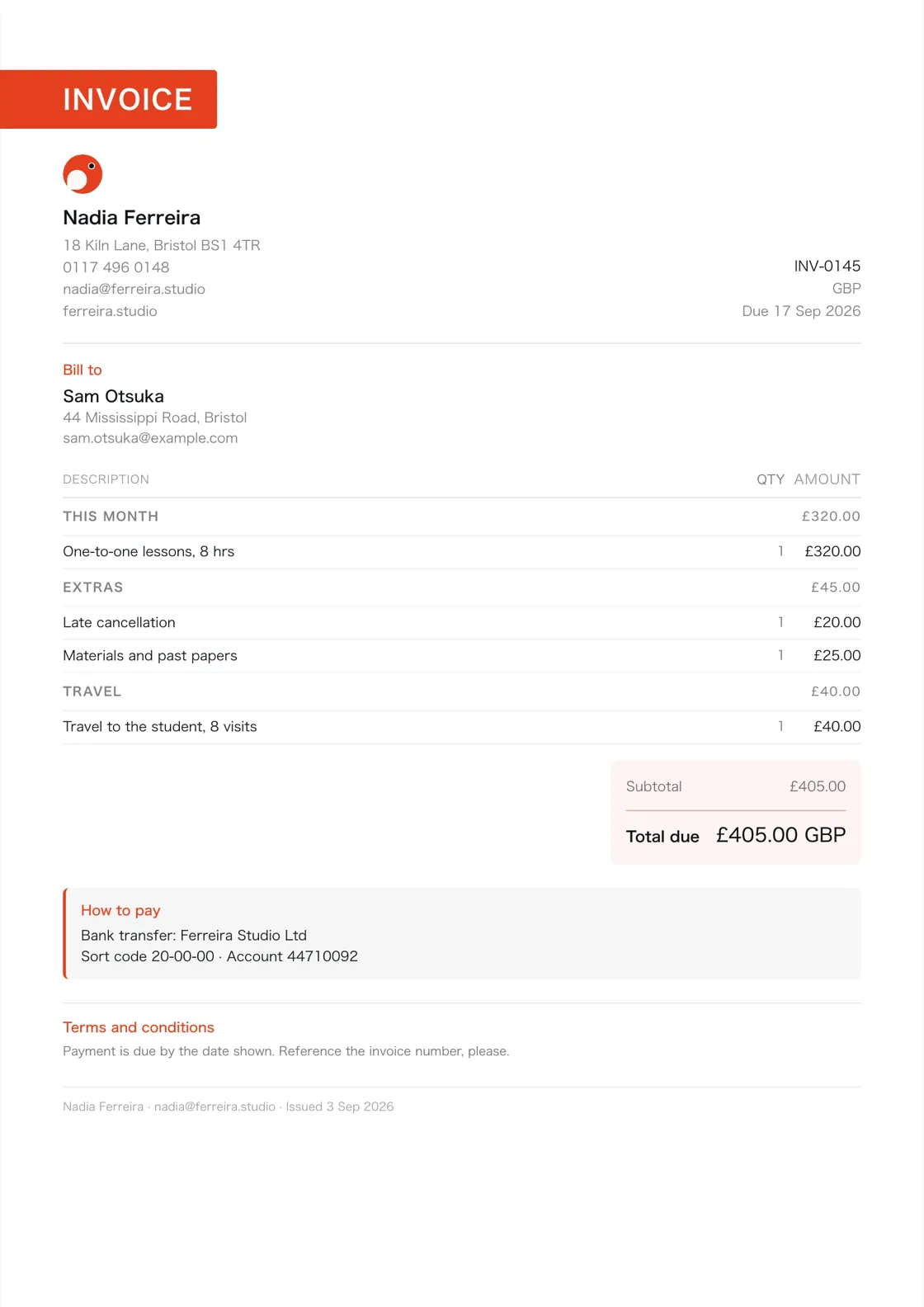 Tutor invoice example: the job billed in three sections (This month; Extras; Travel), a subtotal under each and the total due