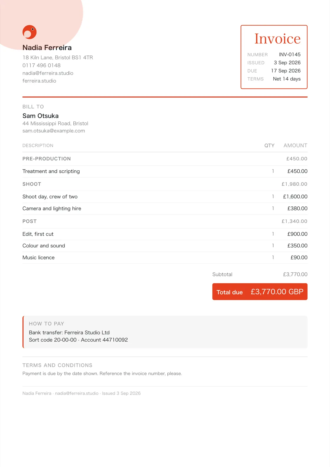 Videographer invoice example: the job billed in three sections (Pre-production; Shoot; Post), a subtotal under each and the total due