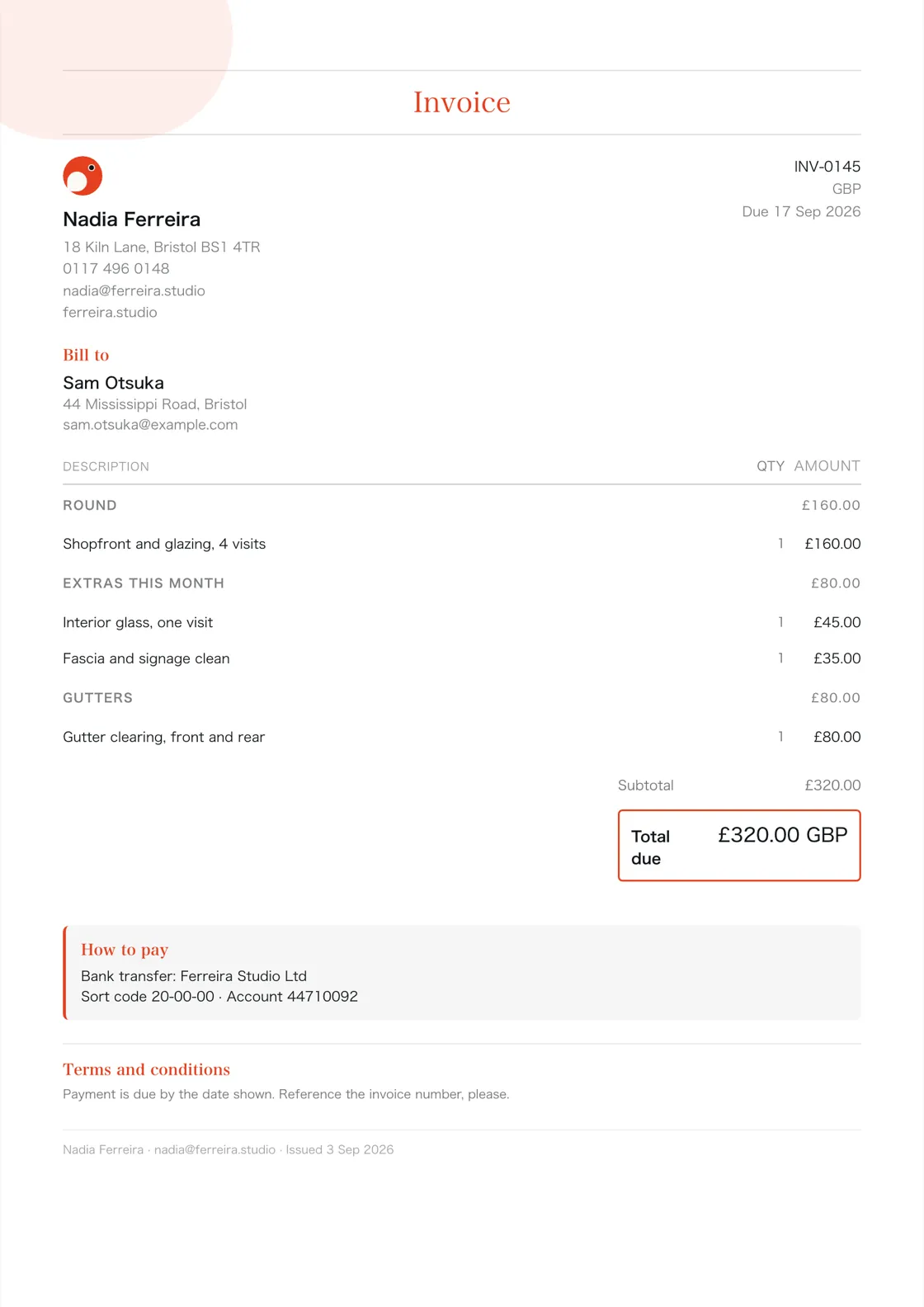 Window cleaner invoice example: the job billed in three sections (Round; Extras this month; Gutters), a subtotal under each and the total due
